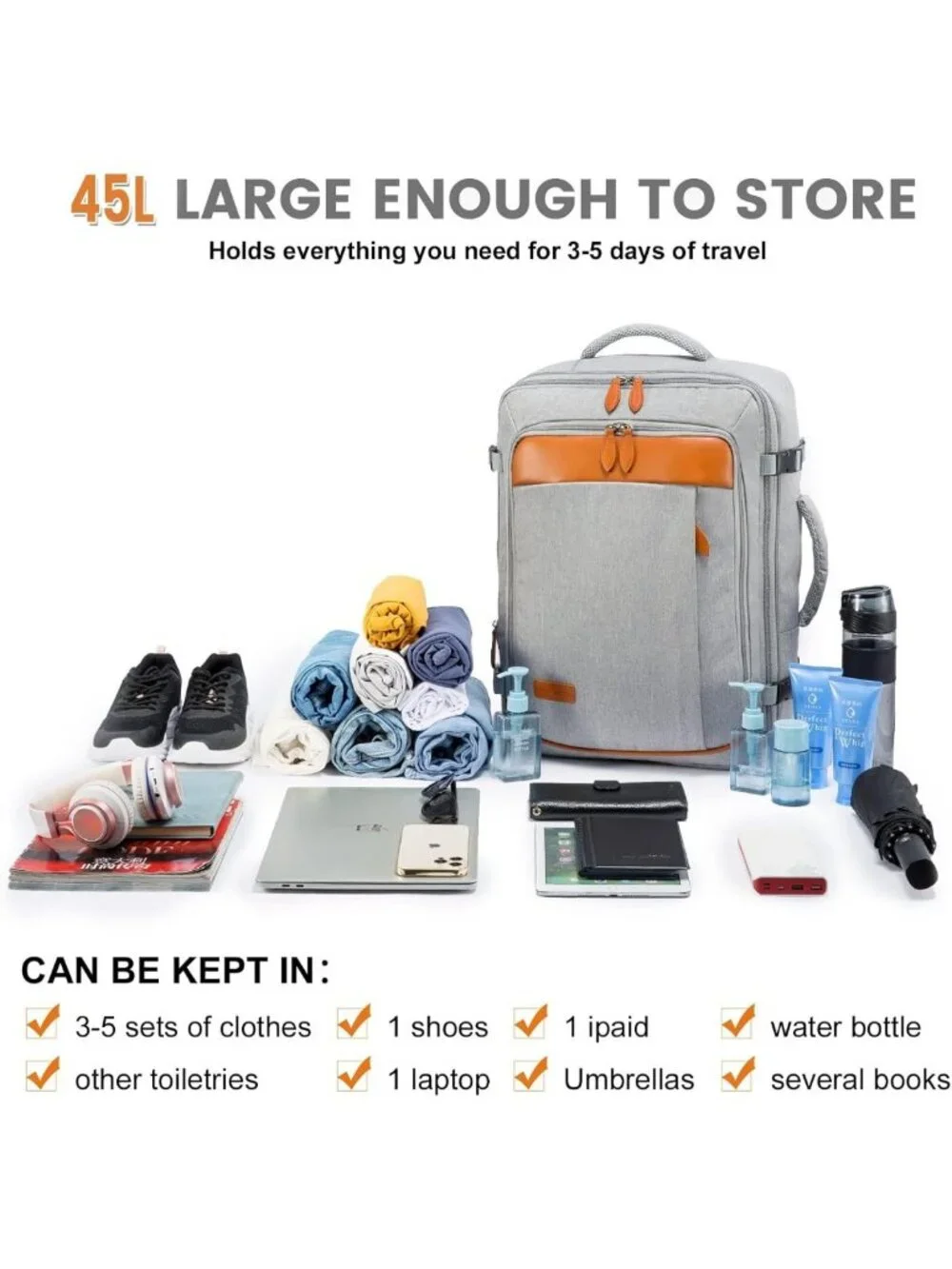 Extra Large 45L Travel Backpack for Men & Women, Airline Approved, Water